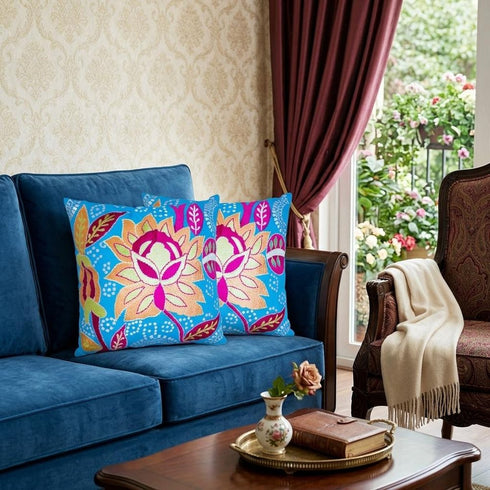 Set of Two 16" Blue And Pink Floral Cotton Throw Pillows with Embroidery