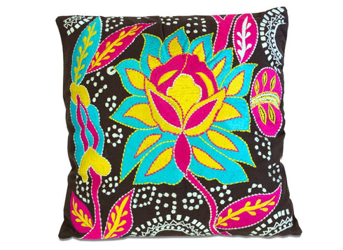 Set of Two 16" Black And Blue Floral Cotton Throw Pillows with Embroidery