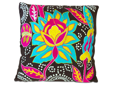 Set of Two 16" Black And Blue Floral Cotton Throw Pillows with Embroidery