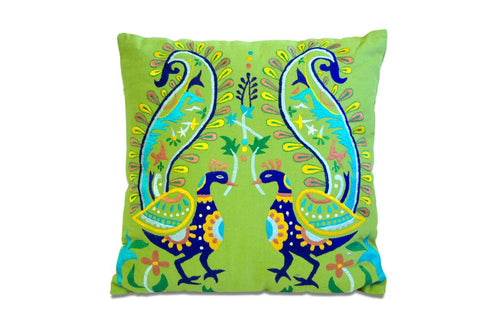 Set of Two 18" Blue And Green Peacock Cotton Throw Pillows with Embroidery