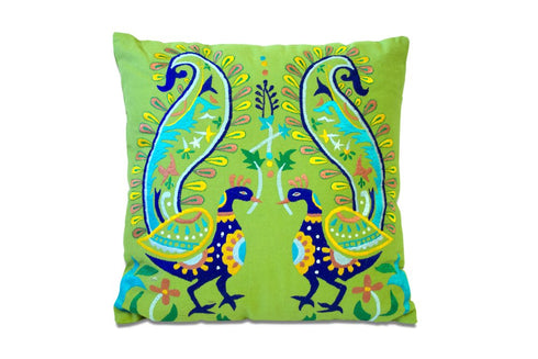 Set of Two 18" Blue And Green Peacock Cotton Throw Pillows with Embroidery