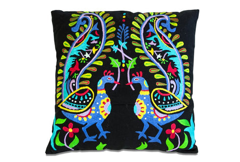 Set of Two 18" Black And Blue Peacock Cotton Throw Pillows with Embroidery