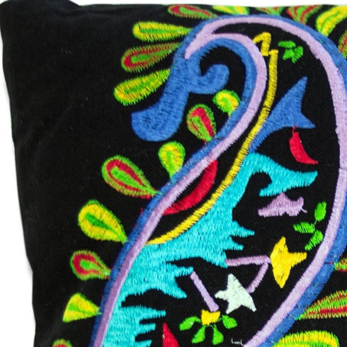 Set of Two 18" Black And Blue Peacock Cotton Throw Pillows with Embroidery