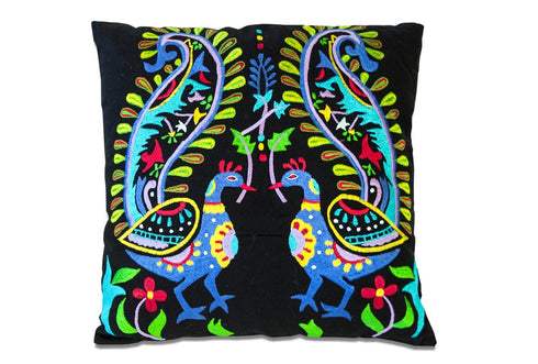 Set of Two 18" Black And Blue Peacock Cotton Throw Pillows with Embroidery
