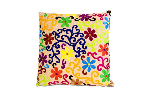 Set of Two 20" Natural Blue And Yellow Floral Cotton Throw Pillows with Embroidery