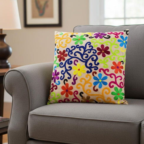 Set of Two 20" Natural Blue And Yellow Floral Cotton Throw Pillows with Embroidery
