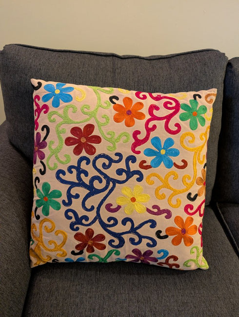 Set of Two 20" Natural Blue And Yellow Floral Cotton Throw Pillows with Embroidery