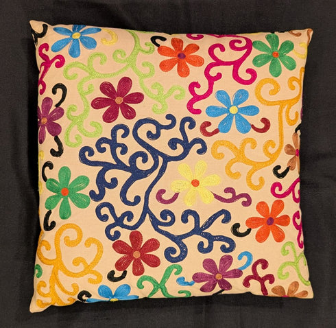 Set of Two 20" Natural Blue And Yellow Floral Cotton Throw Pillows with Embroidery