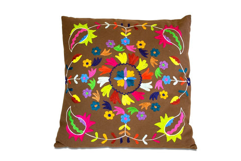 Set of Two 20" Brown And Pink Floral Cotton Throw Pillows with Embroidery