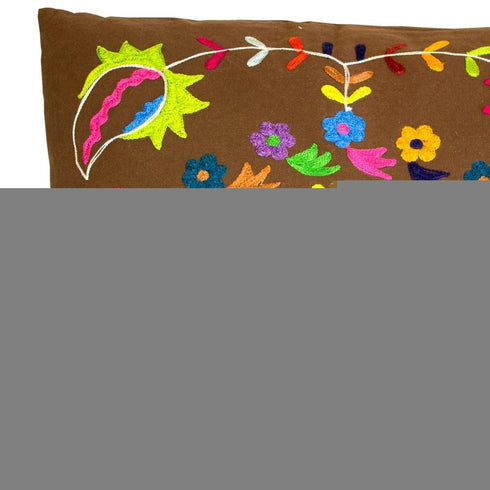 Set of Two 20" Brown And Pink Floral Cotton Throw Pillows with Embroidery