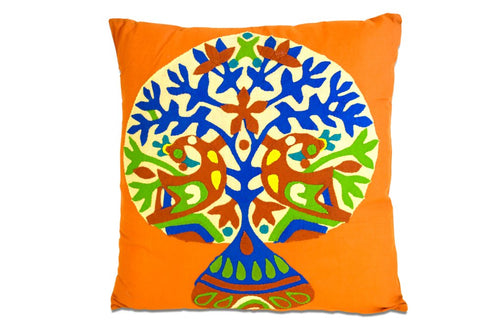 Set of Two 16" Orange And Blue Patchwork Tree Cotton Throw Pillows with Applique And Embroidery