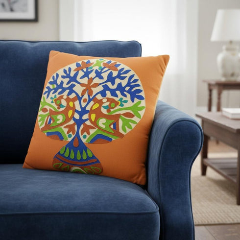 Set of Two 16" Orange And Blue Patchwork Tree Cotton Throw Pillows with Applique And Embroidery