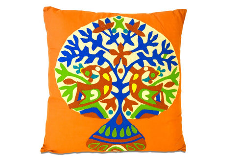 Set of Two 16" Orange And Blue Patchwork Tree Cotton Throw Pillows with Applique And Embroidery