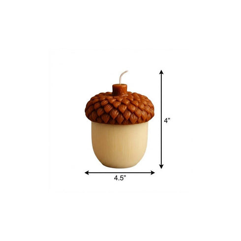 4" Brown And Ivory Latte And Pumpkin Scented Dimensional Acorn Candle