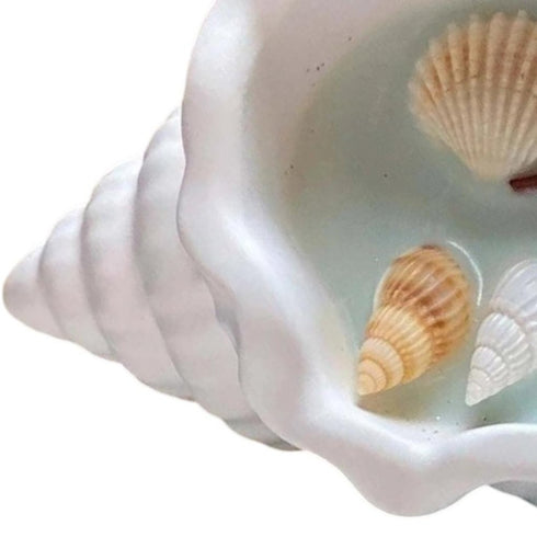 6" Light Blue Unscented Soy Wax Candle In White Resin Novelty Holder With Seashells