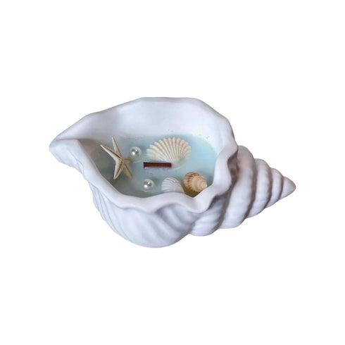 6" Light Blue Unscented Soy Wax Candle In White Resin Novelty Holder With Seashells