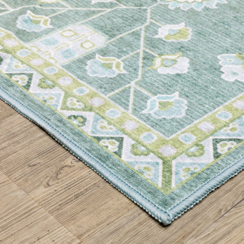 8' X 10' Teal And Green Oriental Washable Area Rug