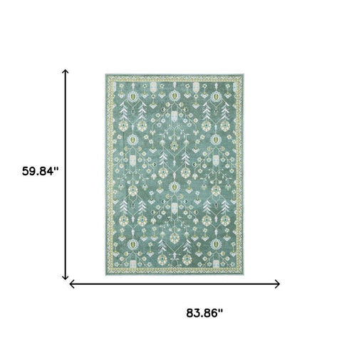 8' X 10' Teal And Green Oriental Washable Area Rug