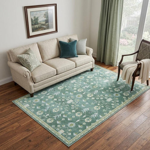 8' X 10' Teal And Green Oriental Washable Area Rug
