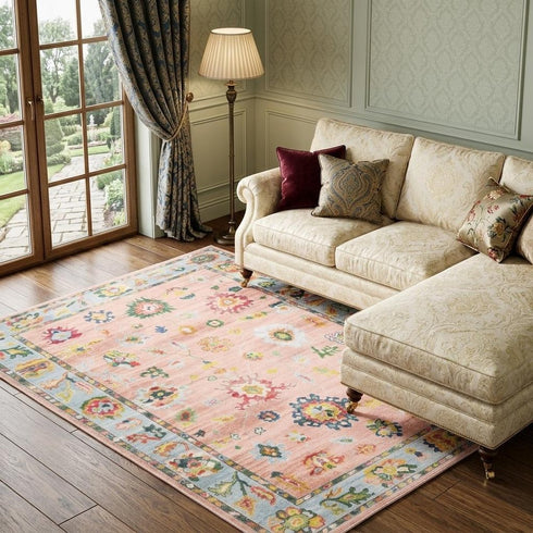 8' X 10' Pink And Blue Oriental Washable Area Rug