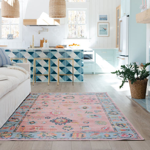 8' X 10' Pink And Blue Oriental Washable Area Rug