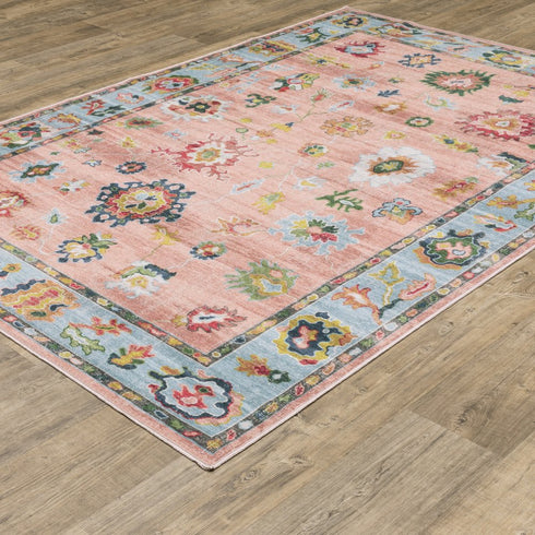 8' X 10' Pink And Blue Oriental Washable Area Rug