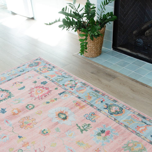 8' X 10' Pink And Blue Oriental Washable Area Rug
