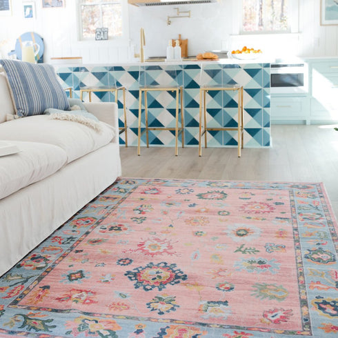 8' X 10' Pink And Blue Oriental Washable Area Rug