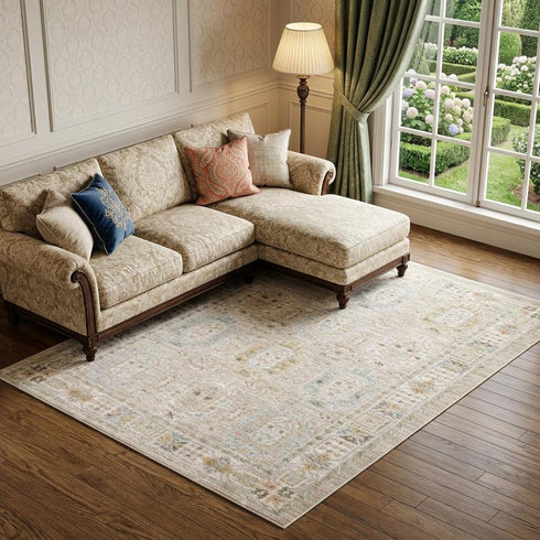 8' X 11' Beige And Blue Oriental Area Rug