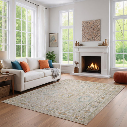 8' X 11' Beige And Blue Oriental Area Rug