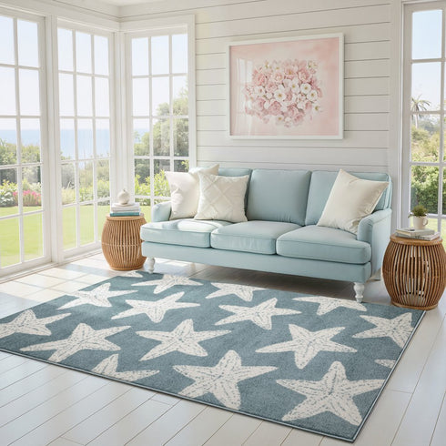 8' X 10' Blue And Ivory Starfish Area Rug