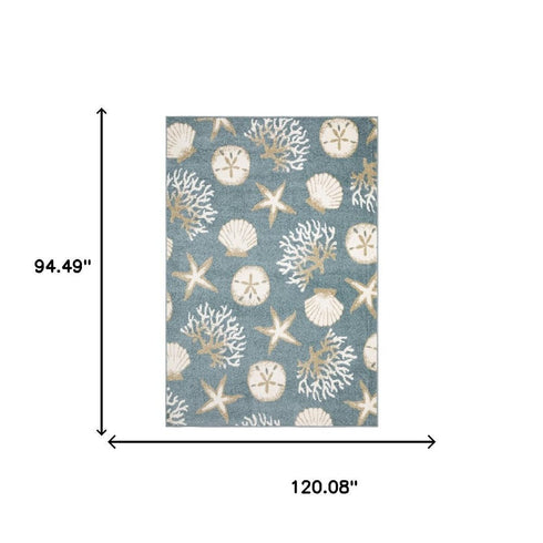 8' X 10' Blue And Beige Seashell and Coral Area Rug