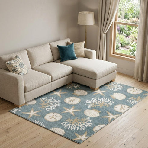 8' X 10' Blue And Beige Seashell and Coral Area Rug