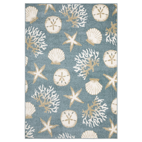 8' X 10' Blue And Beige Seashell and Coral Area Rug