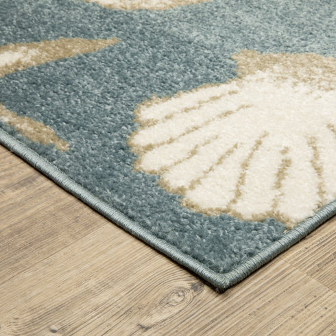 8' X 10' Blue And Beige Seashell and Coral Area Rug