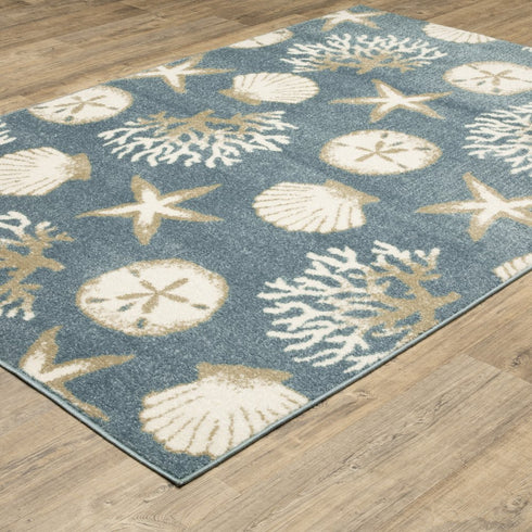 8' X 10' Blue And Beige Seashell and Coral Area Rug