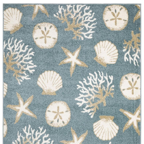 8' X 10' Blue And Beige Seashell and Coral Area Rug