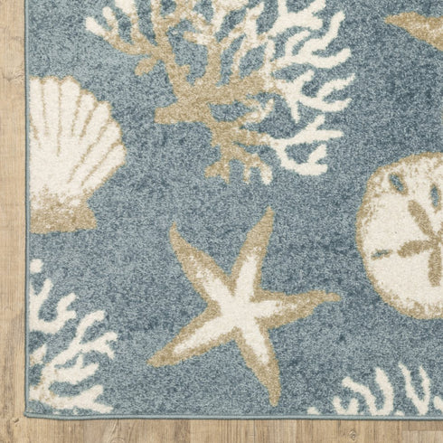 8' X 10' Blue And Beige Seashell and Coral Area Rug