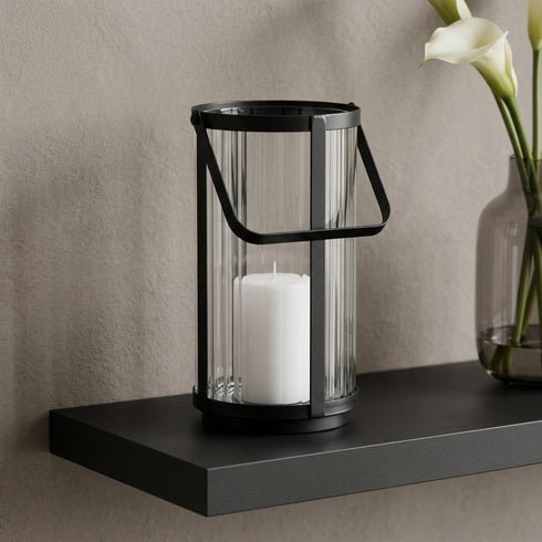 9" Black Glass Tabletop Lantern Candle Holder