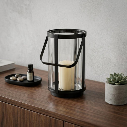 7" Black Glass Tabletop Lantern Candle Holder