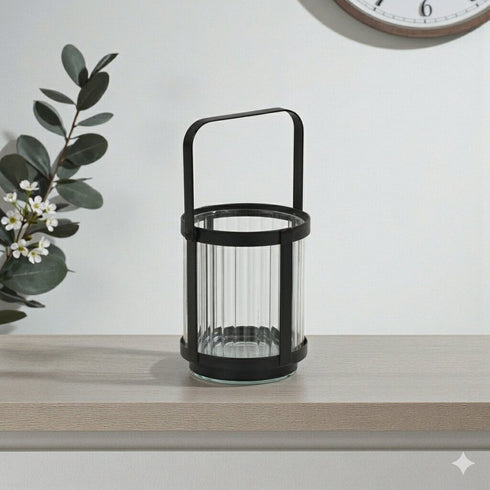 5" Black Glass Tabletop Lantern Candle Holder