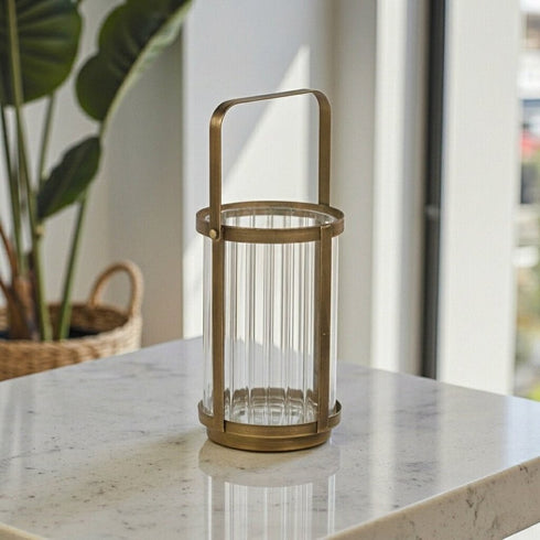 7" Gold Glass Tabletop Lantern Candle Holder