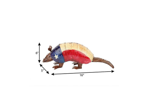 16" Red Off White And Blue Metal Armadillo Tabletop Sculpture
