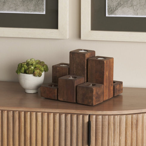 8" Brown Solid Wood Tabletop Candelabra Candle Holder
