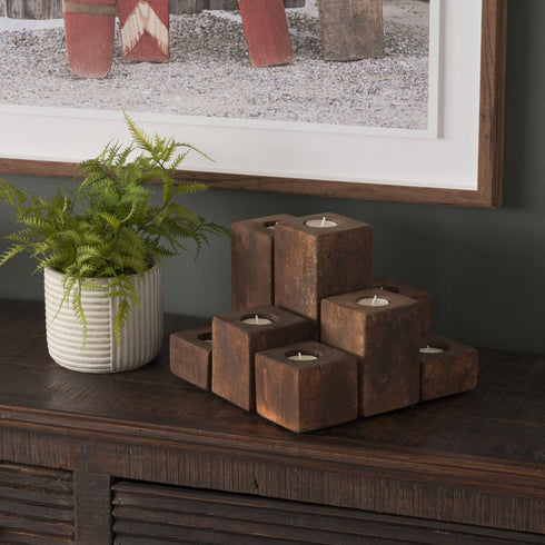 8" Brown Solid Wood Tabletop Candelabra Candle Holder