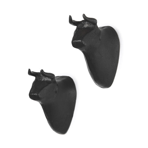 Set of Two Black Metal Bull Decorative Wall Sculpture