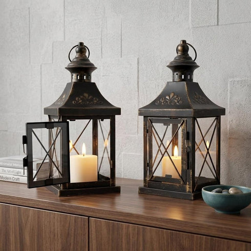 Set of Two Black Glass Floor Candelabra Candle Holders