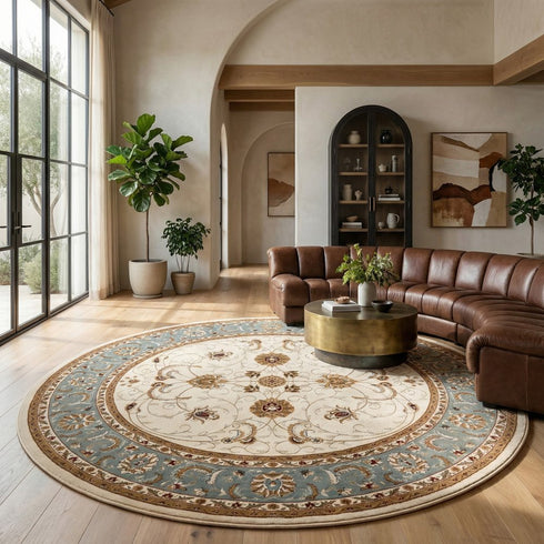 8' X 8' Cream And Blue Abstract Round Rug