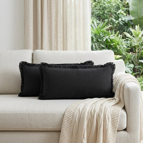 Set of Two 36" X 14" Jet And Black Lumbar Striped Cotton Throw Pillow Covers
