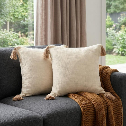 Set of Two 20" Natural And Beige Cotton Throw Pillow Covers